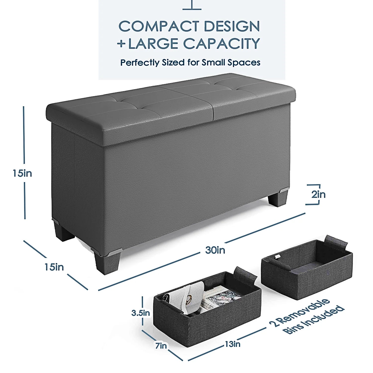 Ottoman Storage Bench, Faux Leather 30" Storage Ottoman Bench, Gray