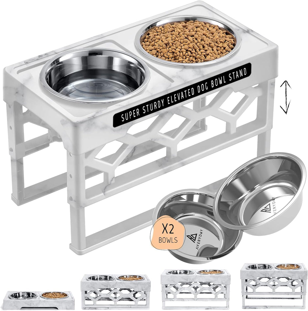 Large Dog Bowls Elevated, 4 Height Adjustable Raised Dog Bowl Stand with 2 Stainless Steel Food and Water Bowls Set, Tall Dogs Feeding Station with Anti-Slip Base for Medium Large Breeds Dogs
