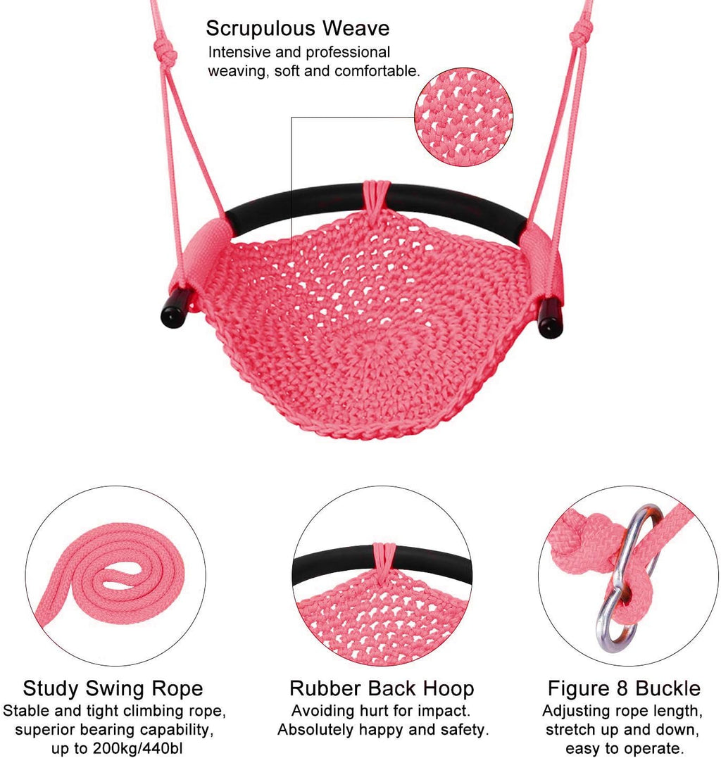 Swing Seat for Kids Heavy Duty Rope Play Secure Children Swing Set,Perfect for Indoor,Outdoor,Playground,Home,Tree,With Snap Hooks and Swing Straps,440 Lbs Capacity,Pink