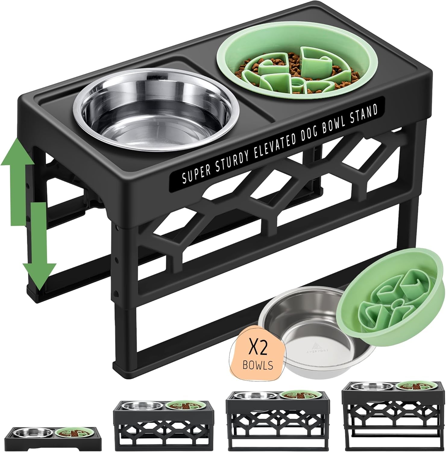 Large Dog Bowls Elevated, 4 Height Adjustable Raised Dog Bowl Stand with 2 Stainless Steel Food and Water Bowls Set, Tall Dogs Feeding Station with Anti-Slip Base for Medium Large Breeds Dogs