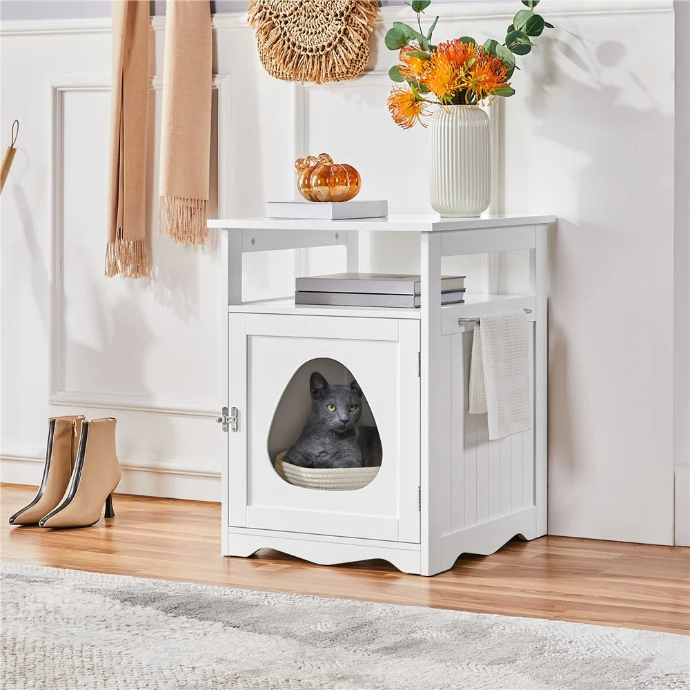 Wooden Cat Litter Box Enclosure with Open Shelf,White