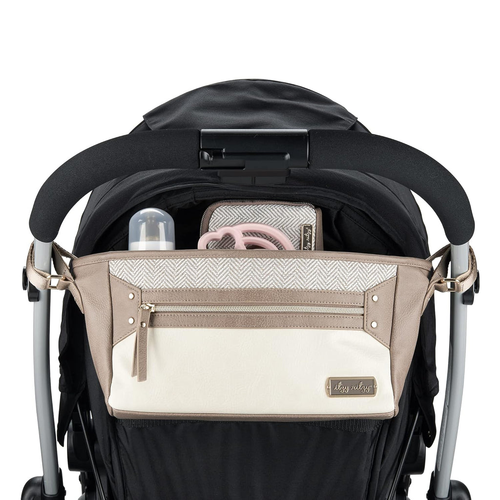 Adjustable Stroller Caddy / Organizer - Stroller Organizer Bag Featuring Front Zippered Pocket, 2 Built-In Interior Pockets & Straps to Fit Nearly Any Model (Black with Gold Hardware)