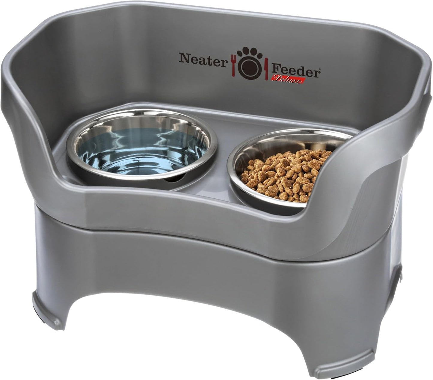 Neater Feeder Deluxe Mess Proof Dog Bowls Elevated for Small Dogs under 19 Lbs, Made in USA, No Spill Raised Dog Food Bowl Stand Feeding Station, Food and Water Bowl Set, Grey