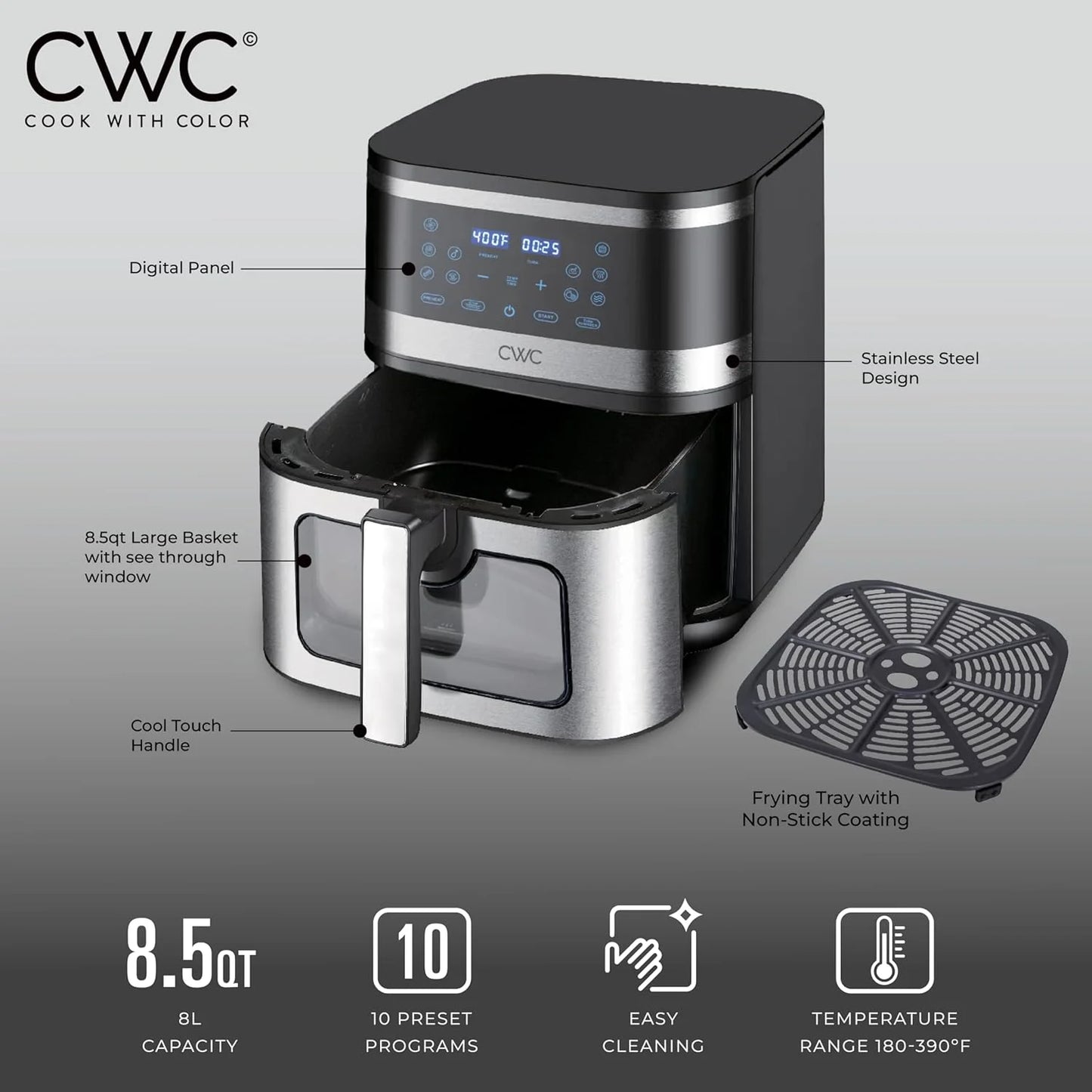 Digital Air Fryer 8.5-Quart Stainless Steel Air Fryer Kitchen Appliance, Black