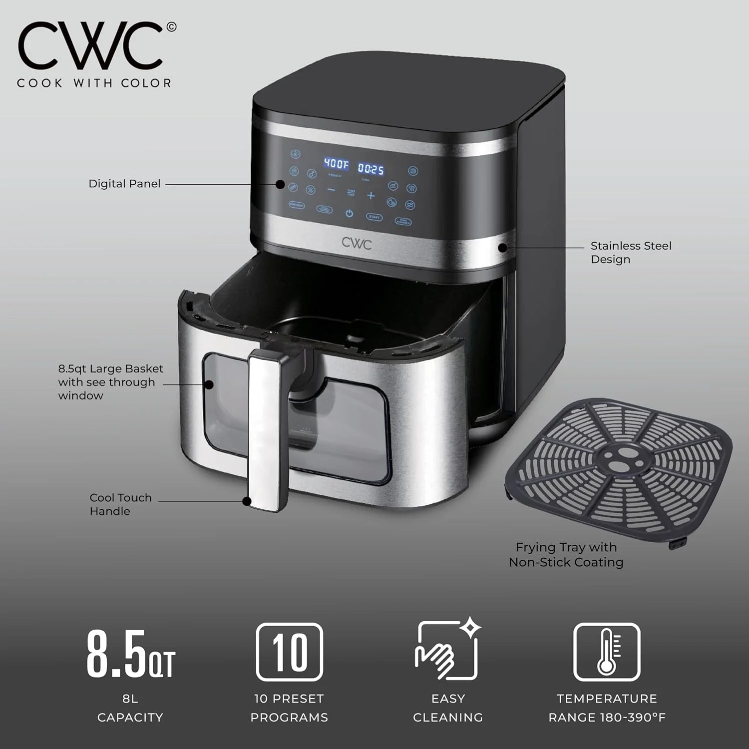 Digital Air Fryer 8.5-Quart Stainless Steel Air Fryer Kitchen Appliance, Black