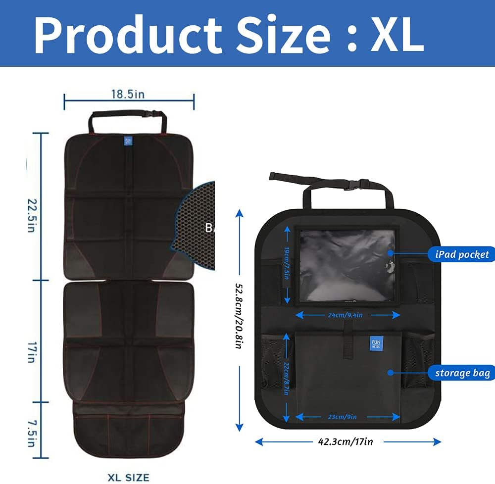 Car Seat Protector + Kick Mats Car Backseat Organizer Black,Suitable for All Cars,Xl Largest Car Seat Cover for Child Baby Carseat, Kick Mat Back Seat W/Storage Pockets