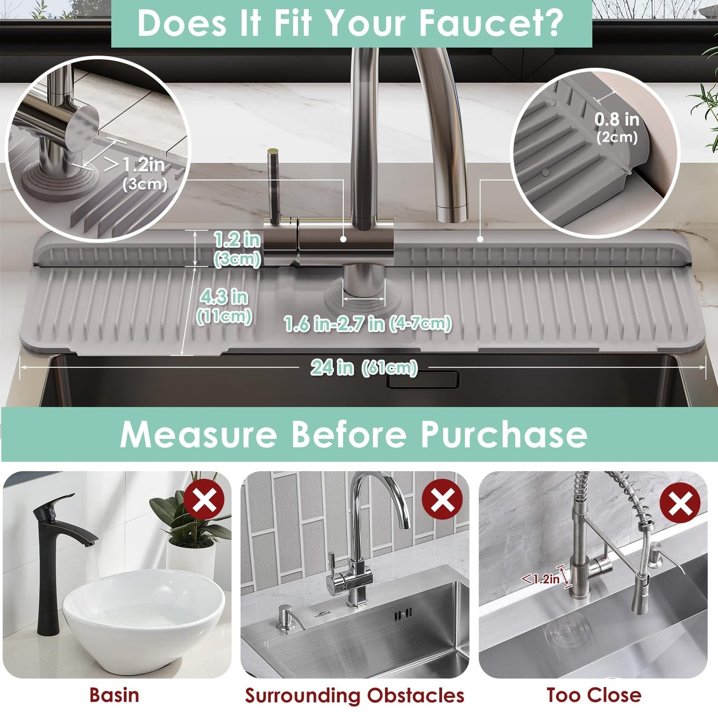 24 Inch Silicone Faucet Mat for Kitchen Sink Splash Guard - 6 Slope Water