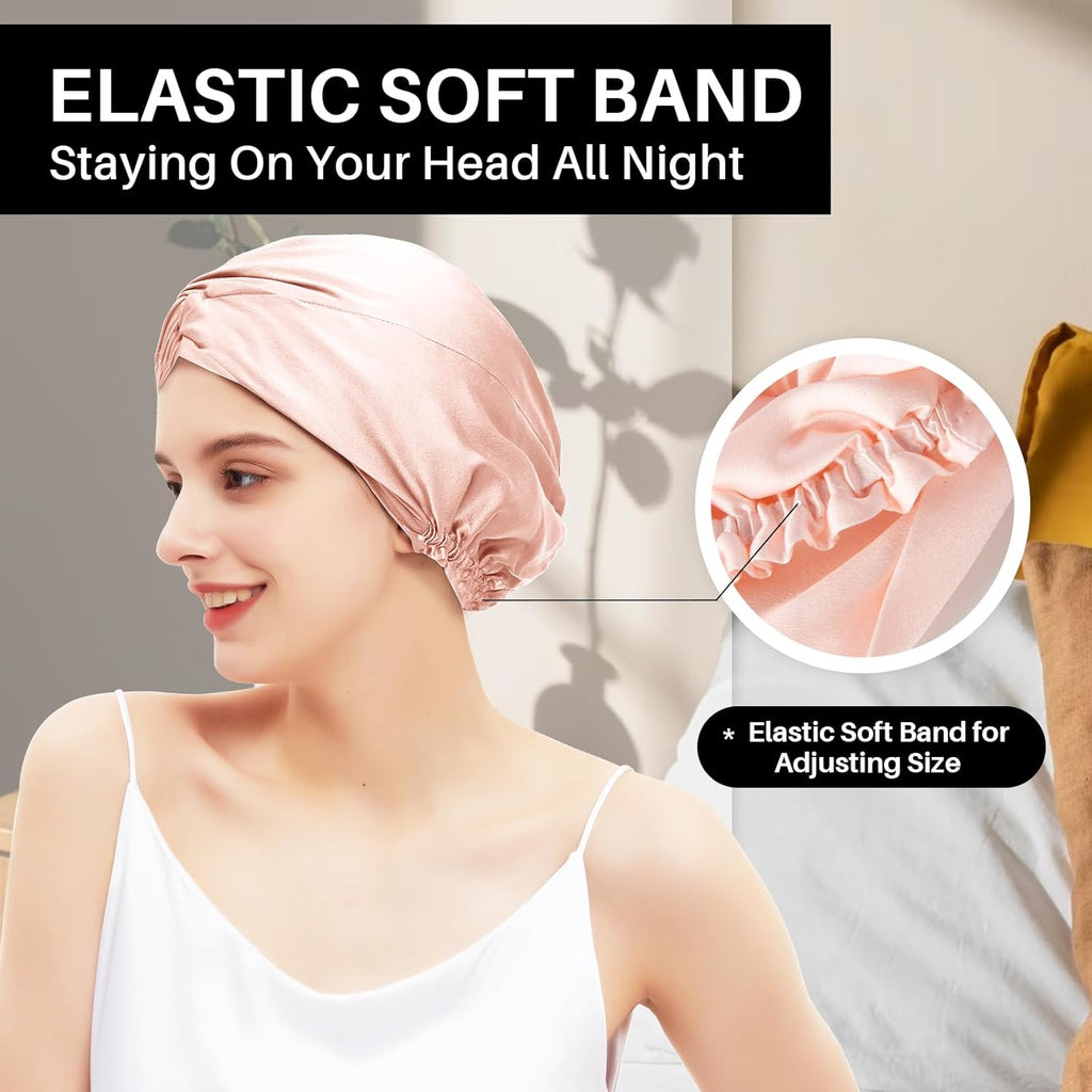 100% Mulberry Silk-Bonnet for Sleeping Women/Men for Curly/Thin/Short/Medium/Braids Hair, Real Silk Wrap Bonnet for Sleeping, Silk Sleep Night Cap for Hair Care, Light Pink