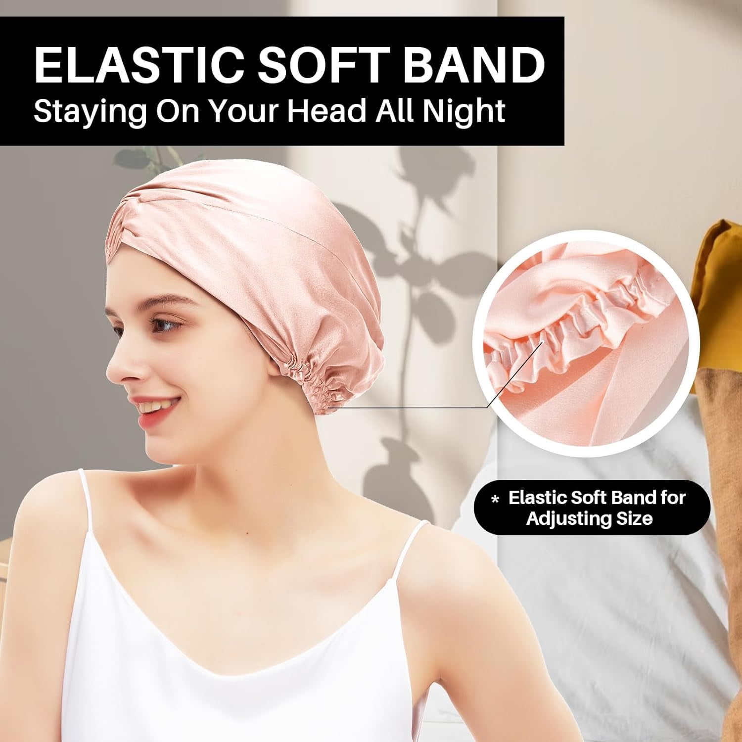 100% Mulberry Silk-Bonnet for Sleeping Women/Men for Curly/Thin/Short/Medium/Braids Hair, Real Silk Wrap Bonnet for Sleeping, Silk Sleep Night Cap for Hair Care, Light Pink
