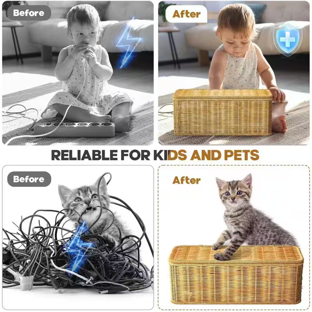 Cable Management Box, 2 0.51 Ft. Open Slots Cord Organizer Hider Box with Handwoven (Light Brown)