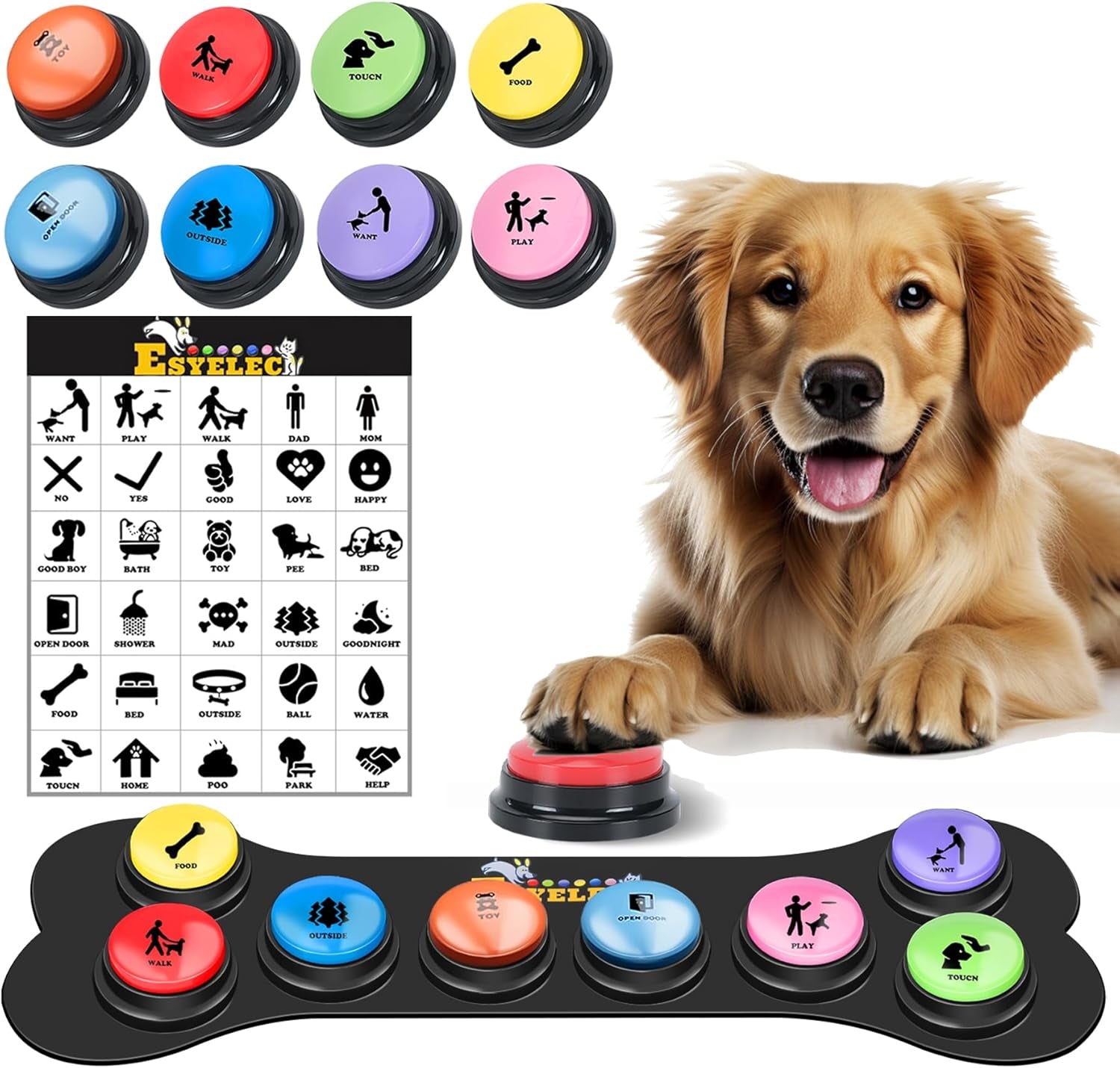 Dog Buttons for Communication, 9 Pcs Dog Talking Button Set, 30S Voice Recording Speaking Button Pet Speech Training Buzzers with 30 Scene Stickers and Waterproof Anti-Slip Mat for Animal Training