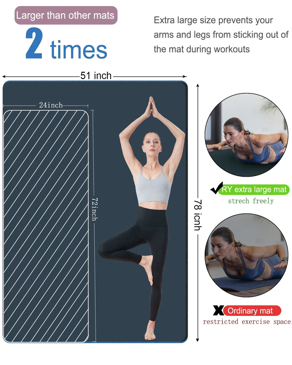 Large Yoga Mat Thick 1 Inch 78"X51" Wide Exercise Mats for Home Gym Workout Yoga Pilates, Gray Blue