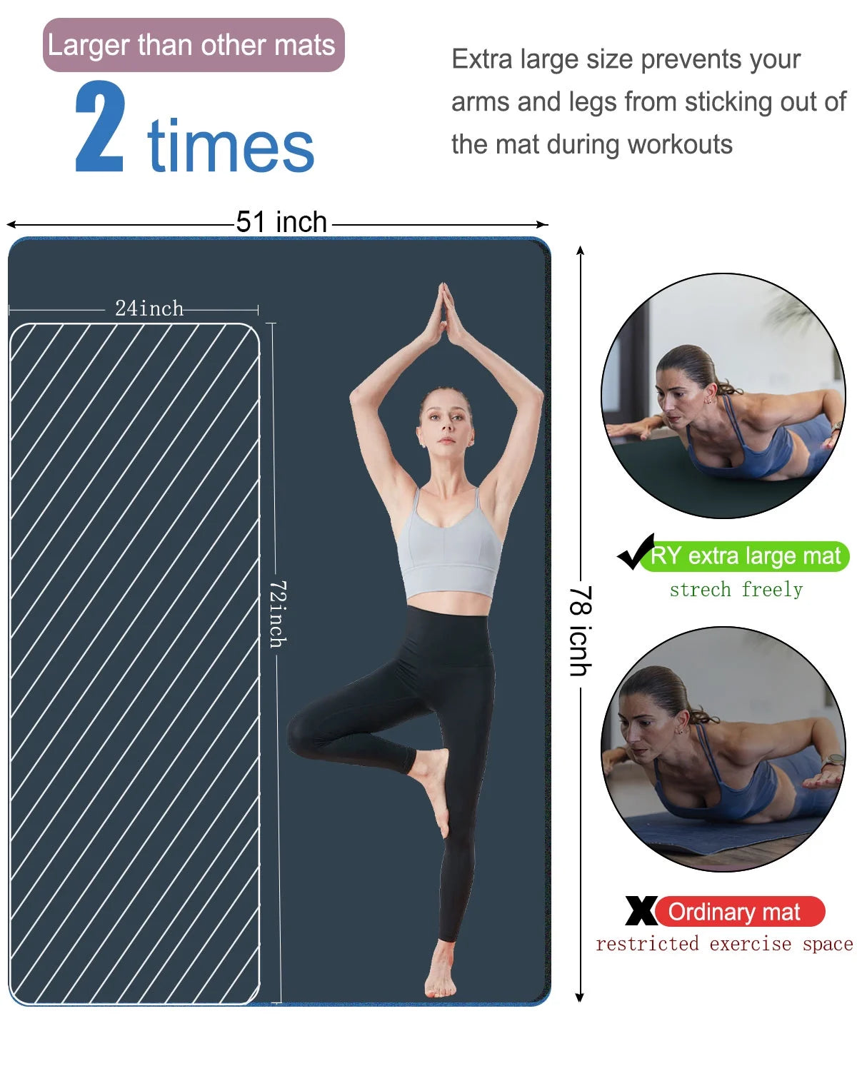 Large Yoga Mat Thick 1 Inch 78"X51" Wide Exercise Mats for Home Gym Workout Yoga Pilates, Gray Blue