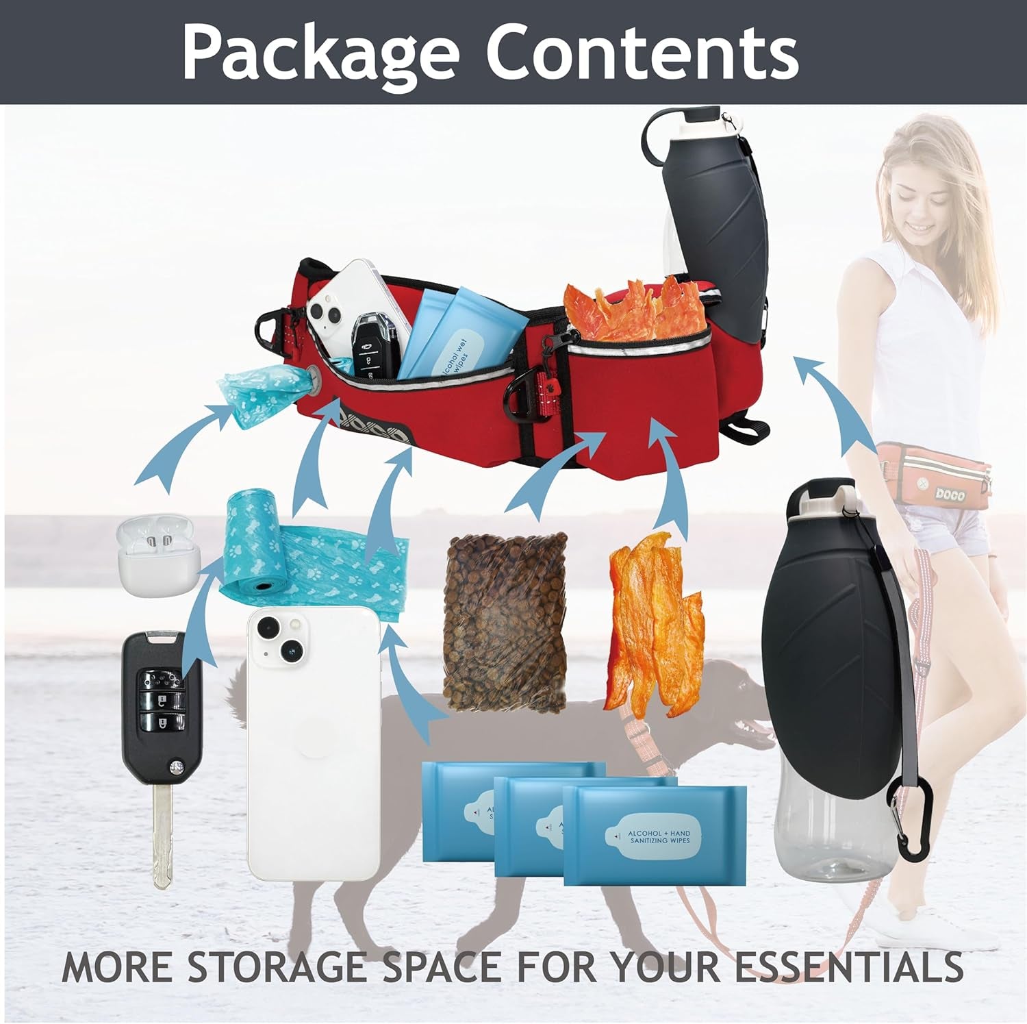 Hands Free Dog Leash (Waist 26”- 48”, Leash- 1”X 5Ft) Waist Belt for Walking, Running, Training & Hiking, Bungee with Dual Handles, Adjustable Fit, Reflective Safety Design for Large Dogs (Black)