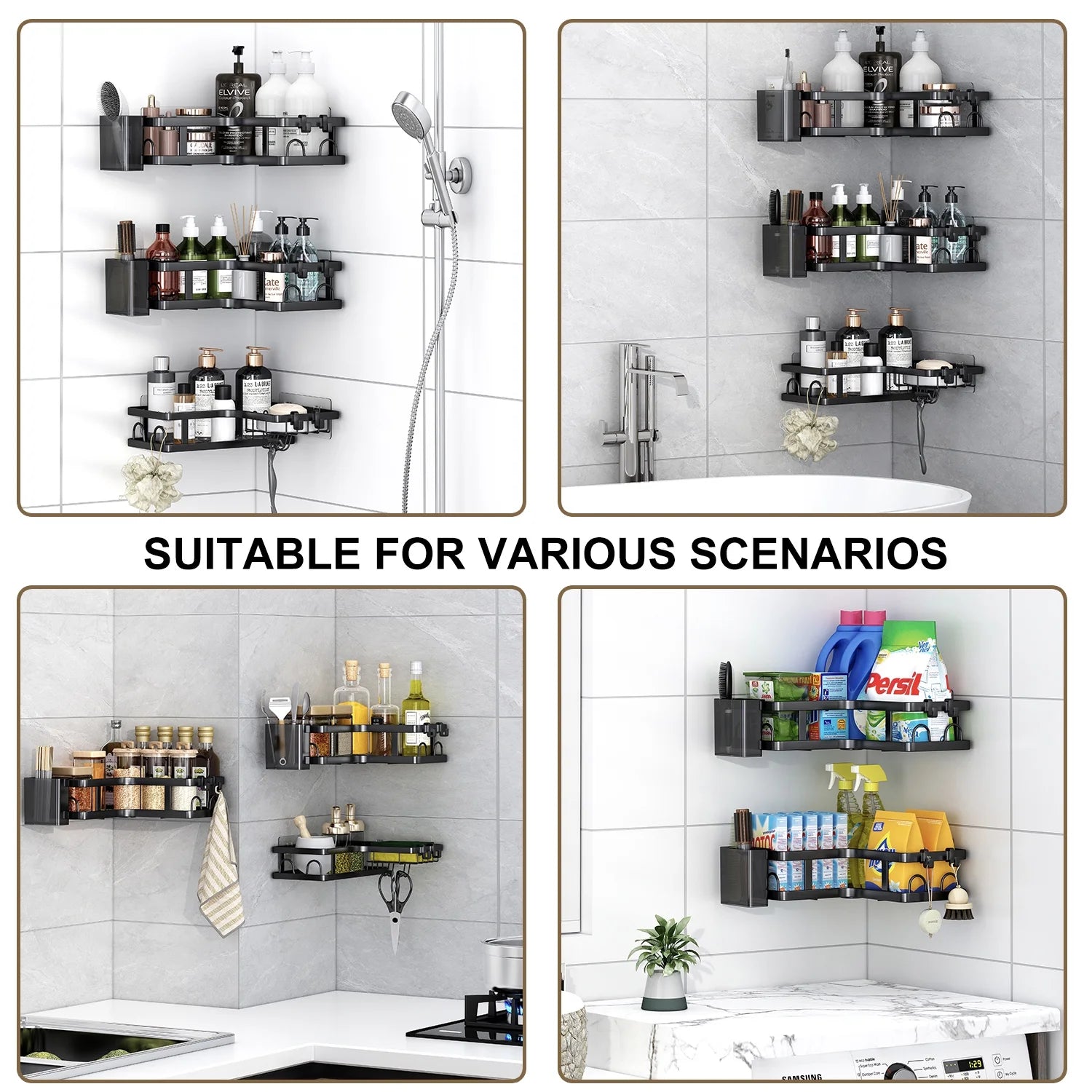 5 PCS Corner Shower Caddy, No Drilling Stainless Steel Shower Storage Rack with Hooks & Toothpaste Holder for Bathroom, Black