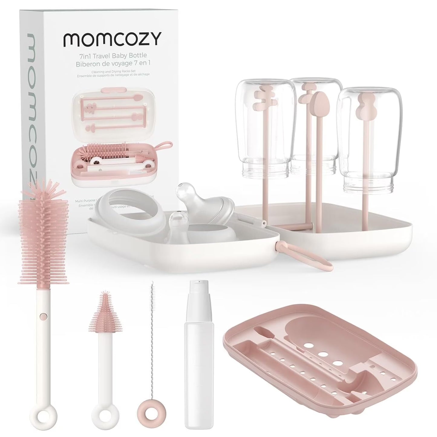 Bottle Brush Set - Baby Bottle Cleaner Kit with Silicone Brush, Nipple Brush, Straw Brush, Soap Dispenser, Drying Rack - 7 in 1 Bottle Cleaning Tool for Home and Travel, Pink