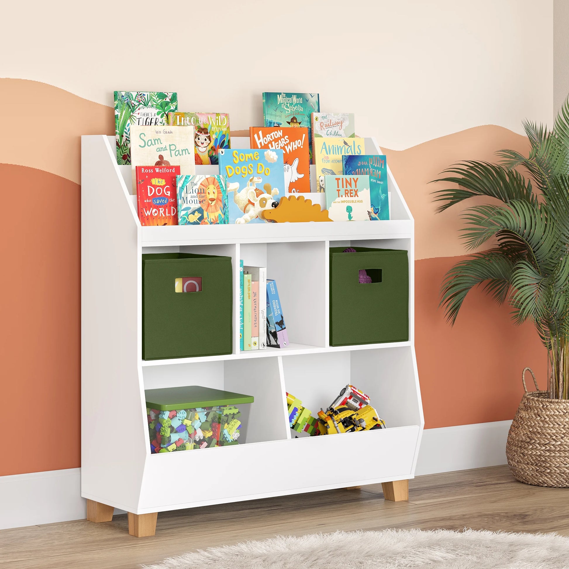 Kids Catch-All 35In Storage Organizer with Cubbies, Bins, and Bookracks - White
