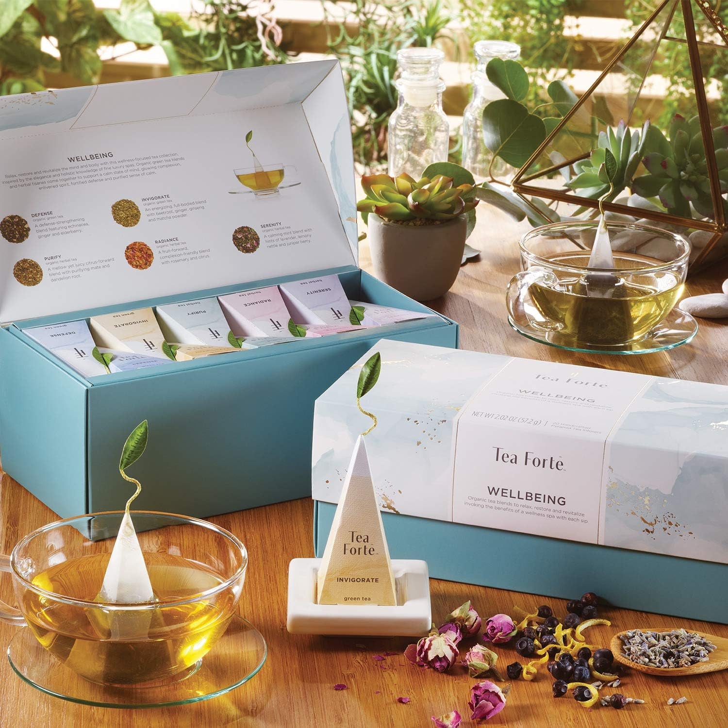Wellbeing Assorted Presentation Box Tea Gift Set, 20 Count, 2 of Each Variety Individually Wrapped Handcrafted Pyramid Infuser Bags