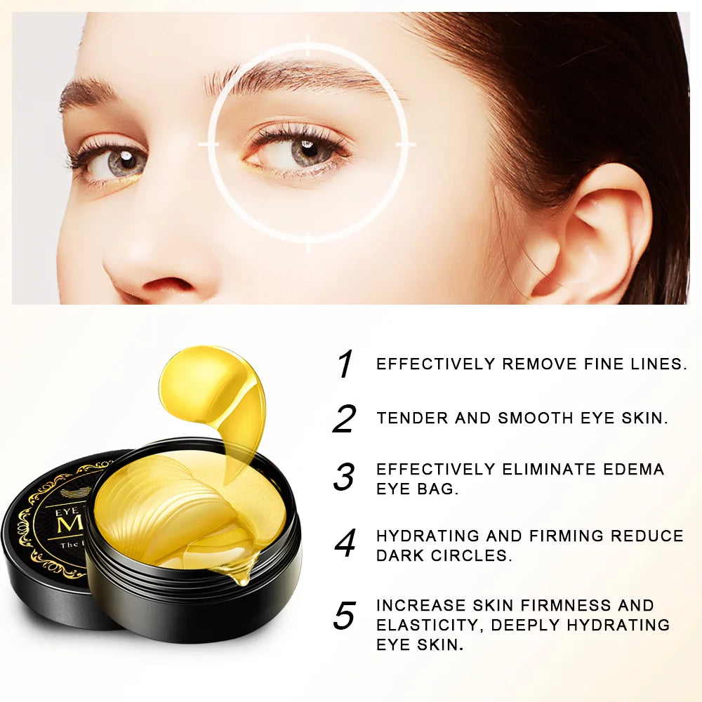24K Gold Eye Mask Collagen Patches for Hydrating and Firming, Reduce Fine Line, Eye Bags, Wrinkles and Dark Circles-60Pcs