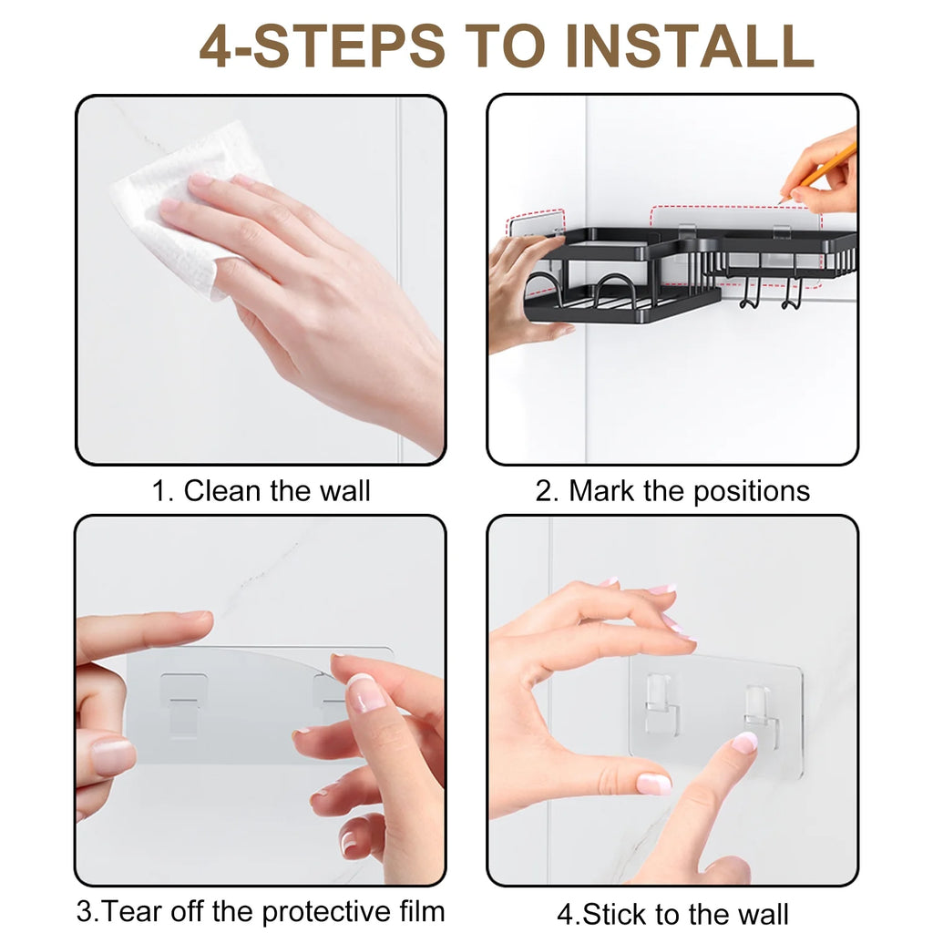 5 PCS Corner Shower Caddy, No Drilling Stainless Steel Shower Storage Rack with Hooks & Toothpaste Holder for Bathroom, Black