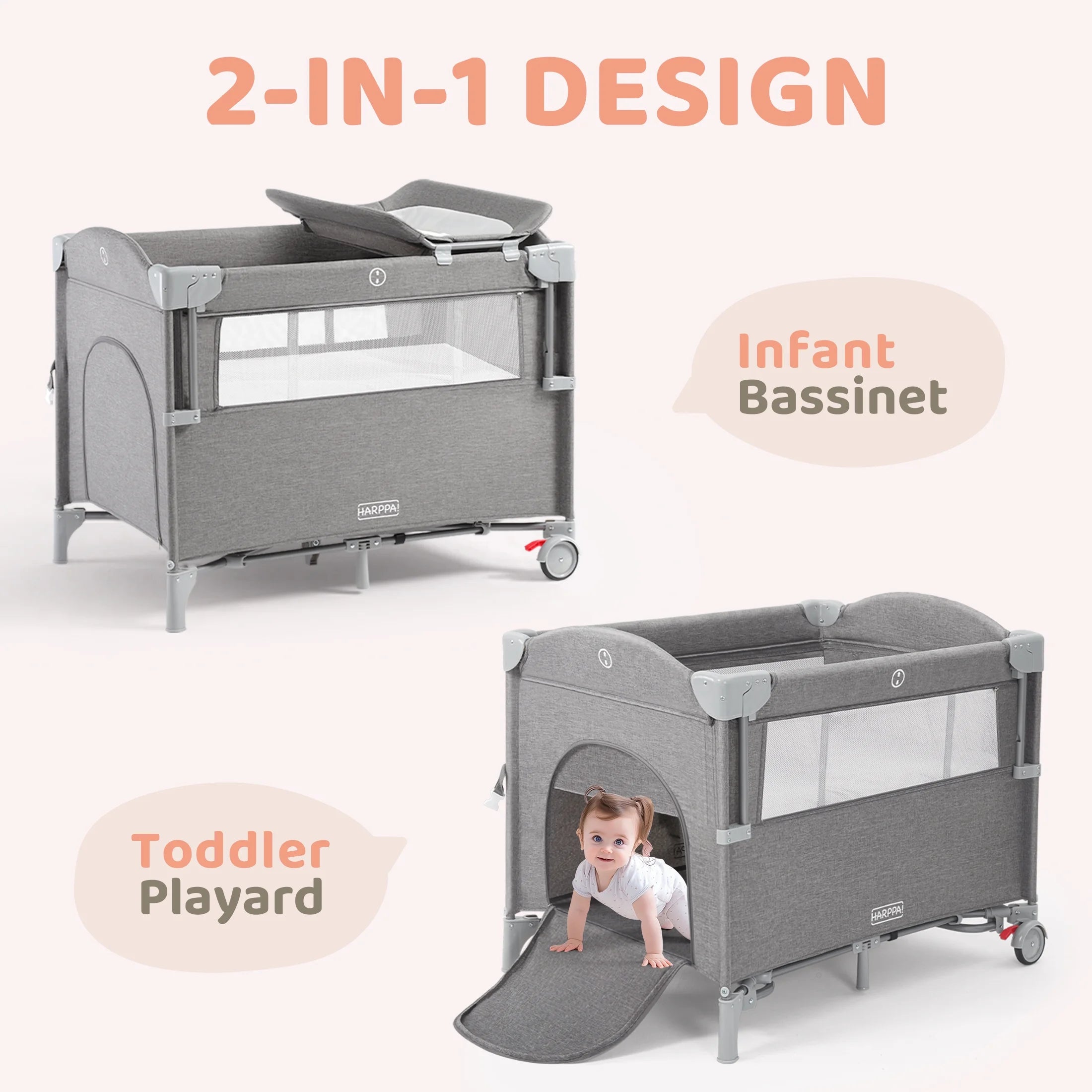 5 in 1 Portable Playard and Bassinet Bedside Sleeper for Newborn to Toddler, Unisex, Gray