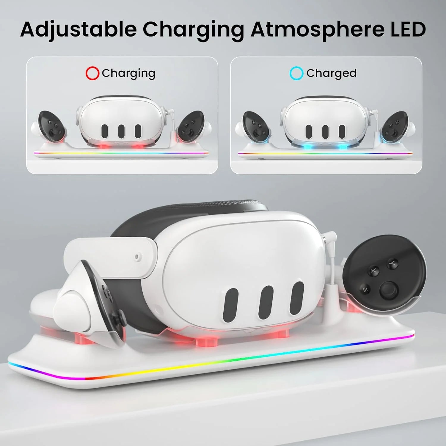 VR Charging Dock for Meta Quest 3, Fast Charging Station with Colorful RGB Light for Oculus Quest 3, Magnetic Charging Stand for VR Headset and Touch Controllers with 2 Rechargeable Batteries, White