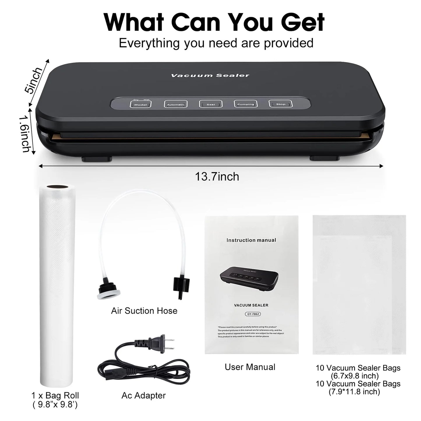 Automatic Vacuum Sealer Machine, 85 Kpa Vacuum Sealer for Food Storage, External Vacuum Sealable Canisters, Dry & Wet Mode, with 20 Bags and a Roll Bag