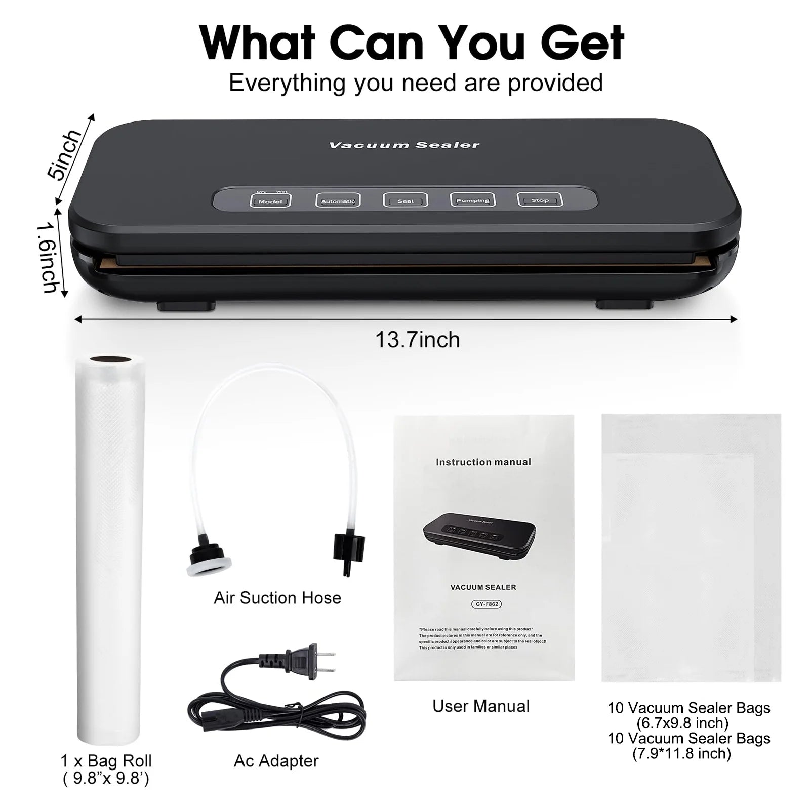 Automatic Vacuum Sealer Machine, 85 Kpa Vacuum Sealer for Food Storage, External Vacuum Sealable Canisters, Dry & Wet Mode, with 20 Bags and a Roll Bag