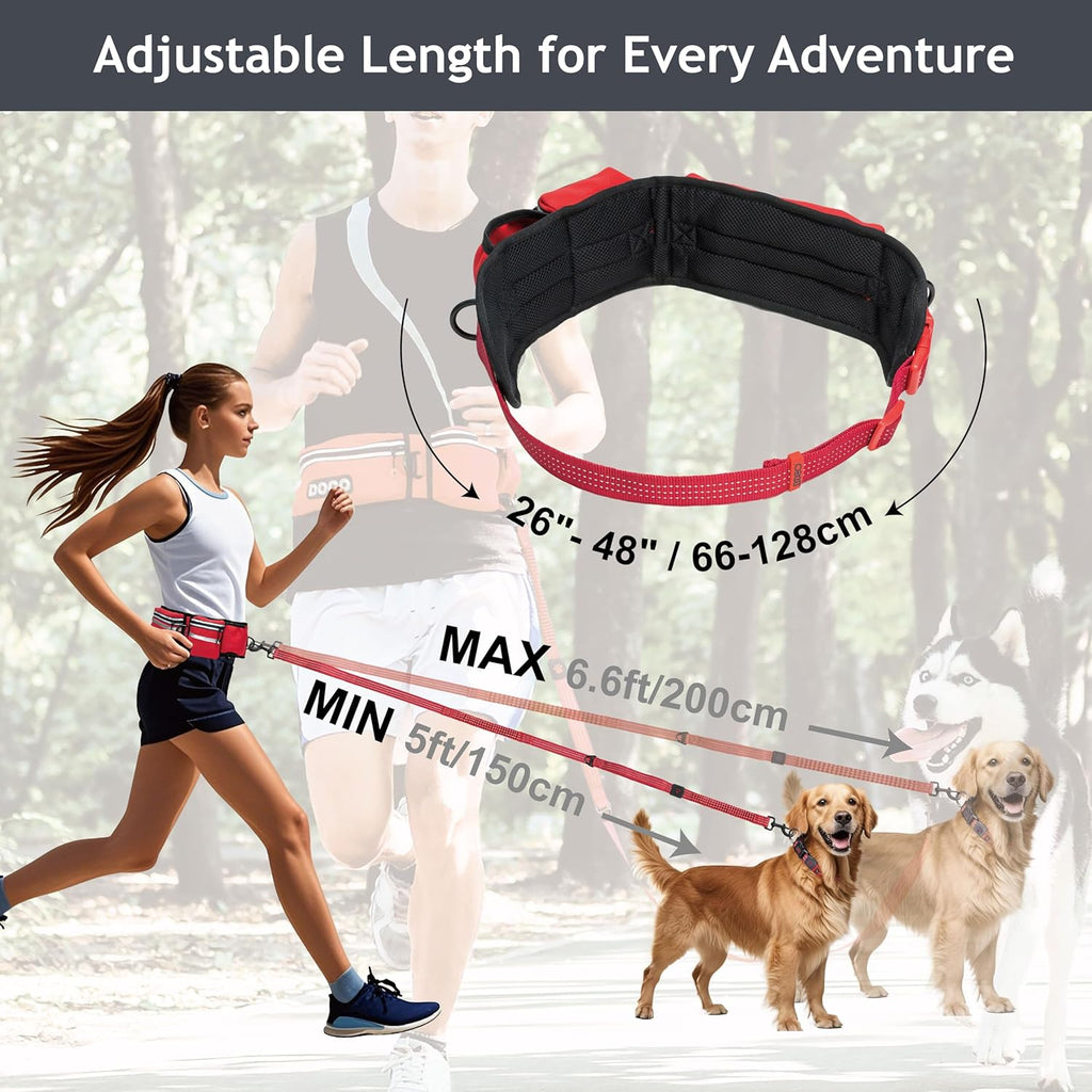 Hands Free Dog Leash (Waist 26”- 48”, Leash- 1”X 5Ft) Waist Belt for Walking, Running, Training & Hiking, Bungee with Dual Handles, Adjustable Fit, Reflective Safety Design for Large Dogs (Black)