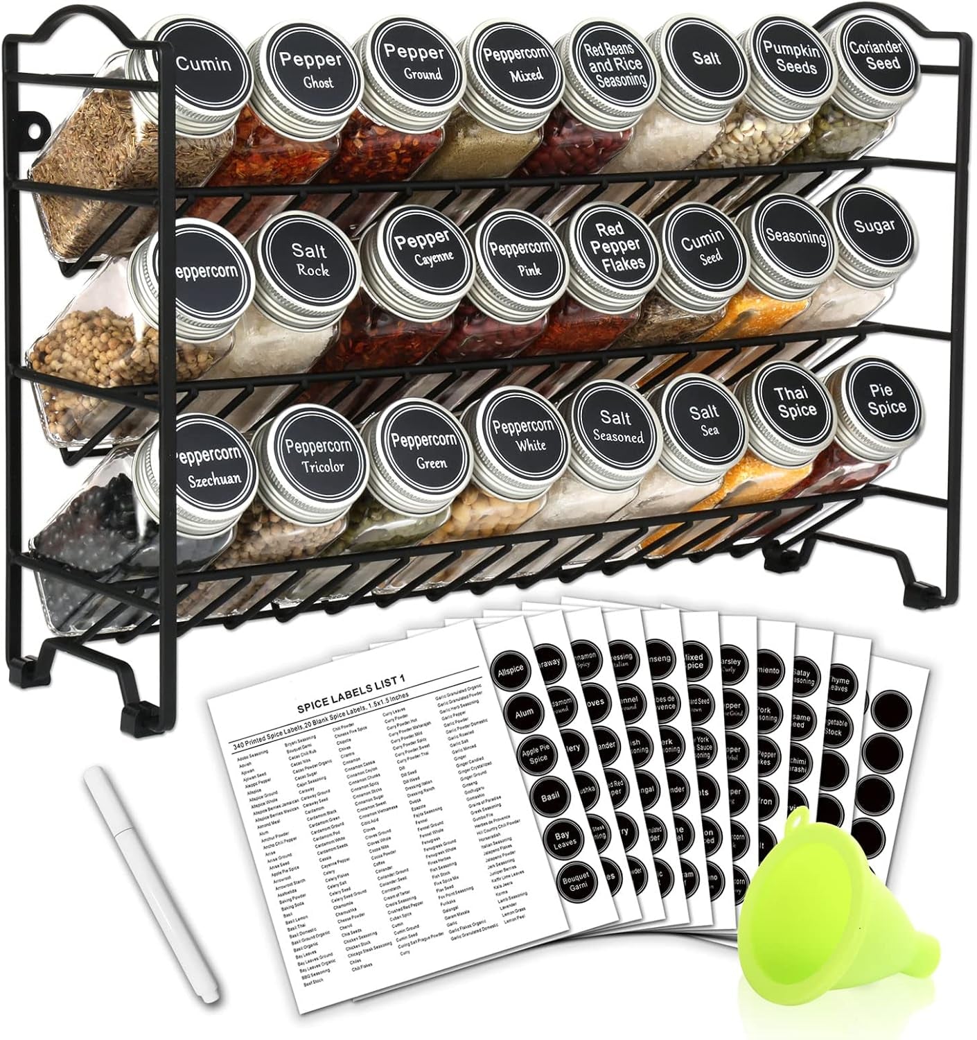 Spice Rack Organizer with 24 Empty Glass Spice Jars, 396 Spice Labels with Chalk Marker and Funnel Complete Set, for Countertop, Cabinet or Wall Mount, Silver