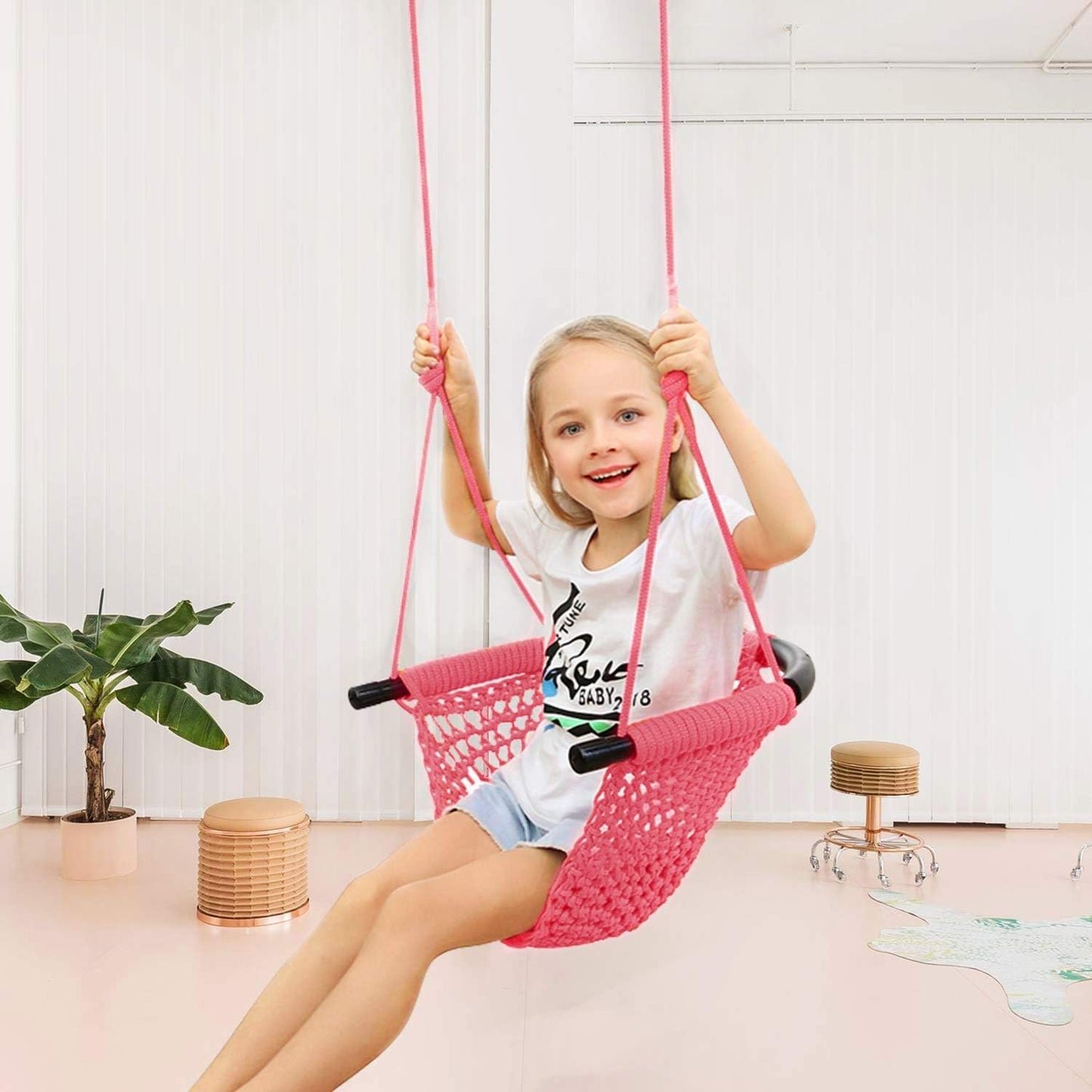 Swing Seat for Kids Heavy Duty Rope Play Secure Children Swing Set,Perfect for Indoor,Outdoor,Playground,Home,Tree,With Snap Hooks and Swing Straps,440 Lbs Capacity,Pink