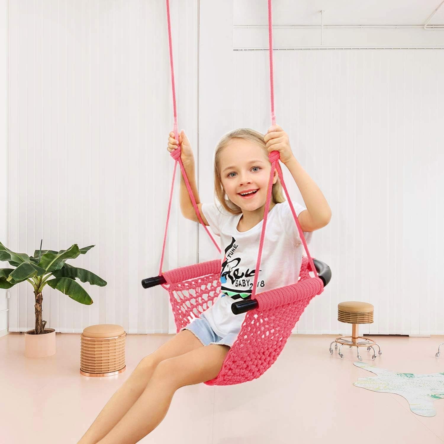 Swing Seat for Kids Heavy Duty Rope Play Secure Children Swing Set,Perfect for Indoor,Outdoor,Playground,Home,Tree,With Snap Hooks and Swing Straps,440 Lbs Capacity,Pink