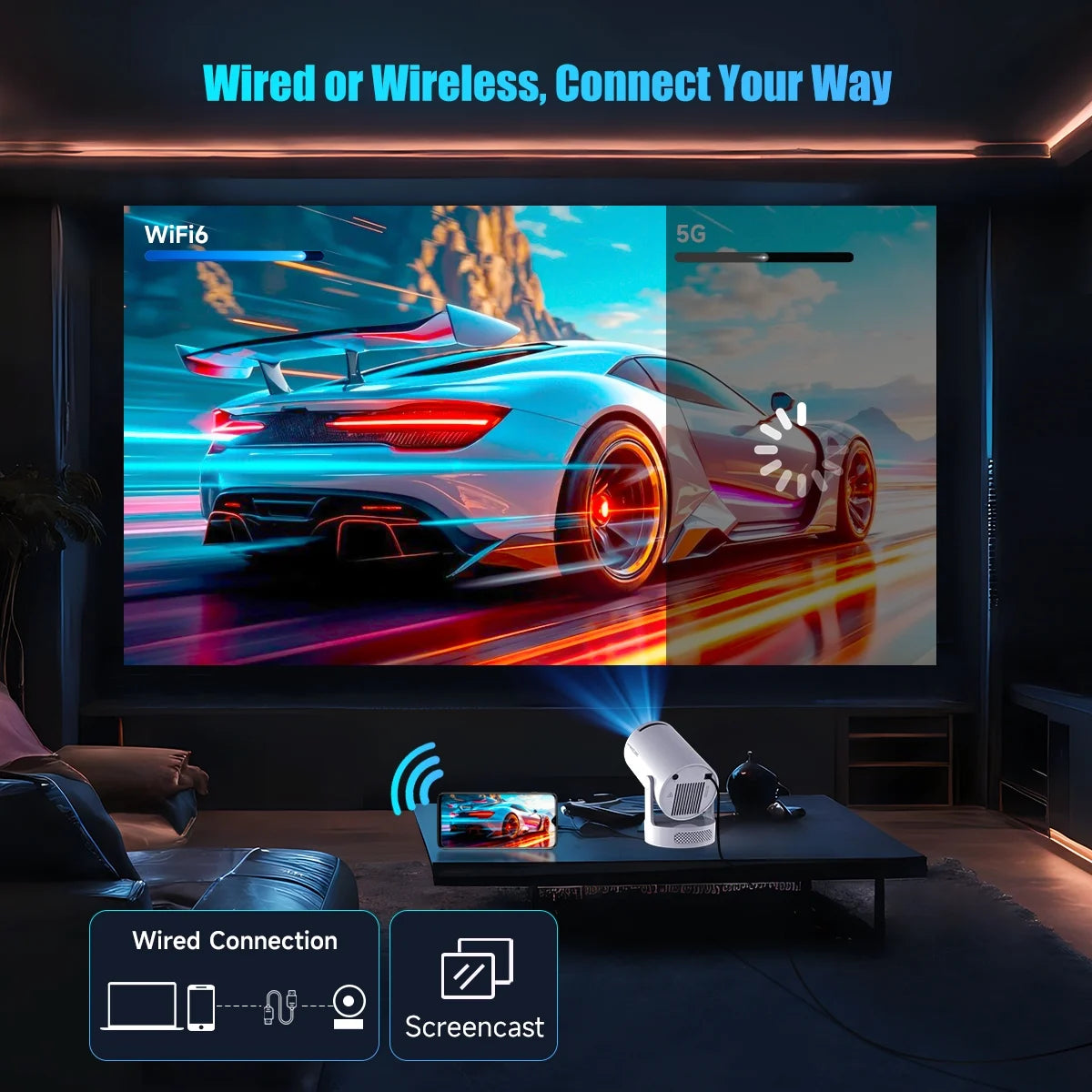 Projector 4K 1080P Support, 290 ANSI Mini Projector Smart with 5W Soundbase Speaker for Movie Projection, HY300 Pro+ Grey