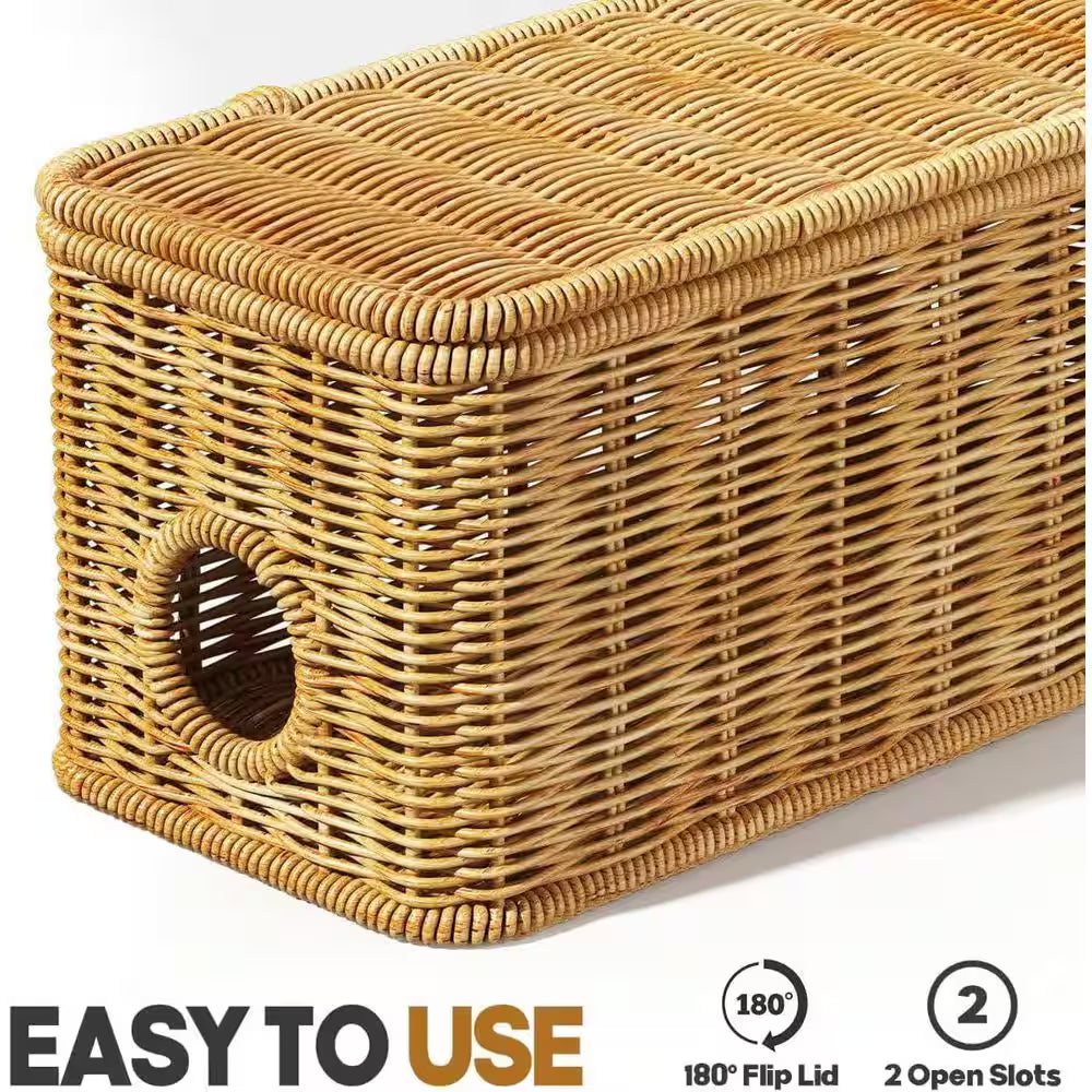 Cable Management Box, 2 0.51 Ft. Open Slots Cord Organizer Hider Box with Handwoven (Light Brown)