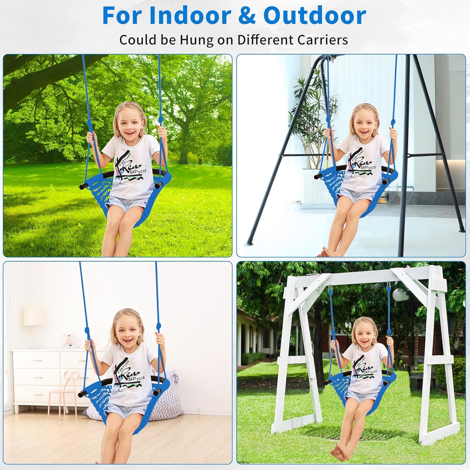 Kids Swing for Swing Set, Heavy Duty Rope Swings with Snap Hooks and Straps, 440LBS Capacity, Toddler Swing Seat for Indoor Porch, Outdoor Playground, Tree, Blue