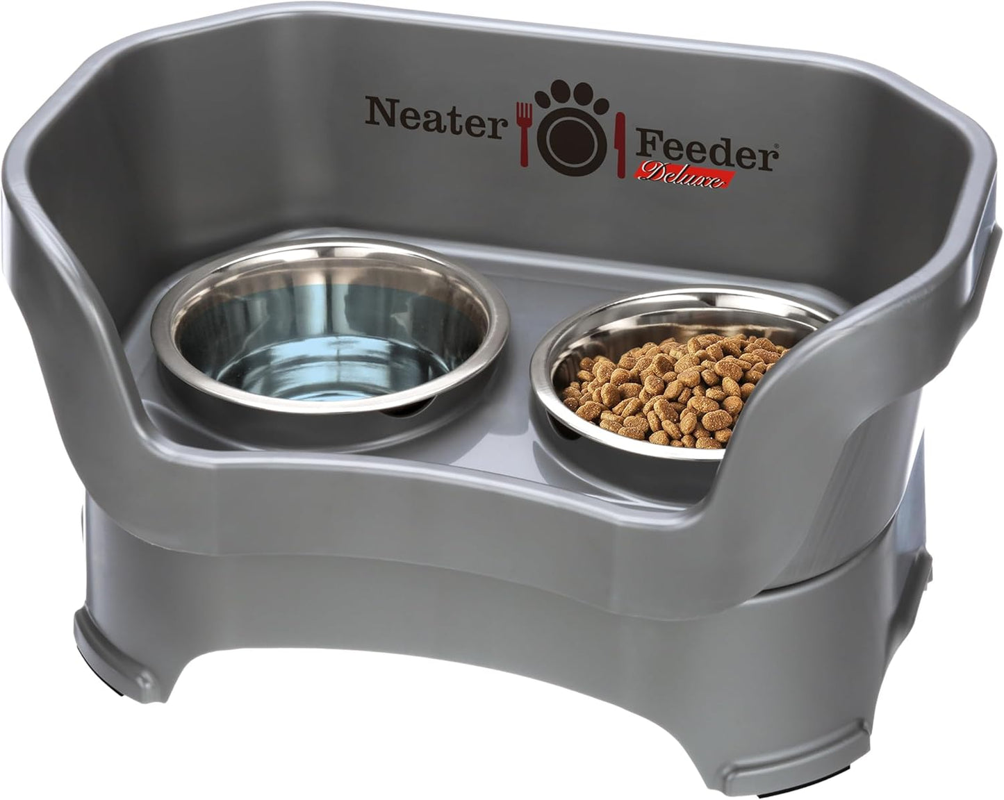 Neater Feeder Deluxe Mess Proof Dog Bowls Elevated for Small Dogs under 19 Lbs, Made in USA, No Spill Raised Dog Food Bowl Stand Feeding Station, Food and Water Bowl Set, Grey