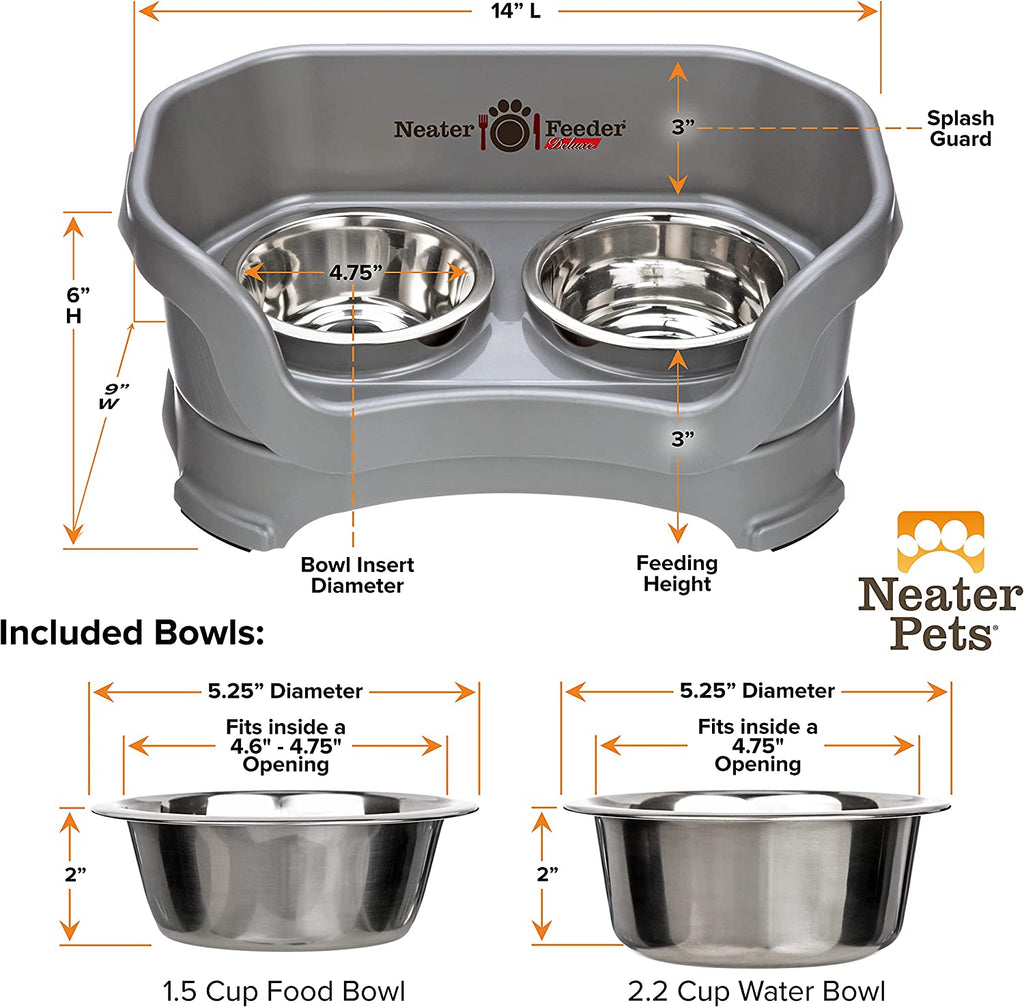 Neater Feeder Deluxe Mess Proof Dog Bowls Elevated for Small Dogs under 19 Lbs, Made in USA, No Spill Raised Dog Food Bowl Stand Feeding Station, Food and Water Bowl Set, Grey