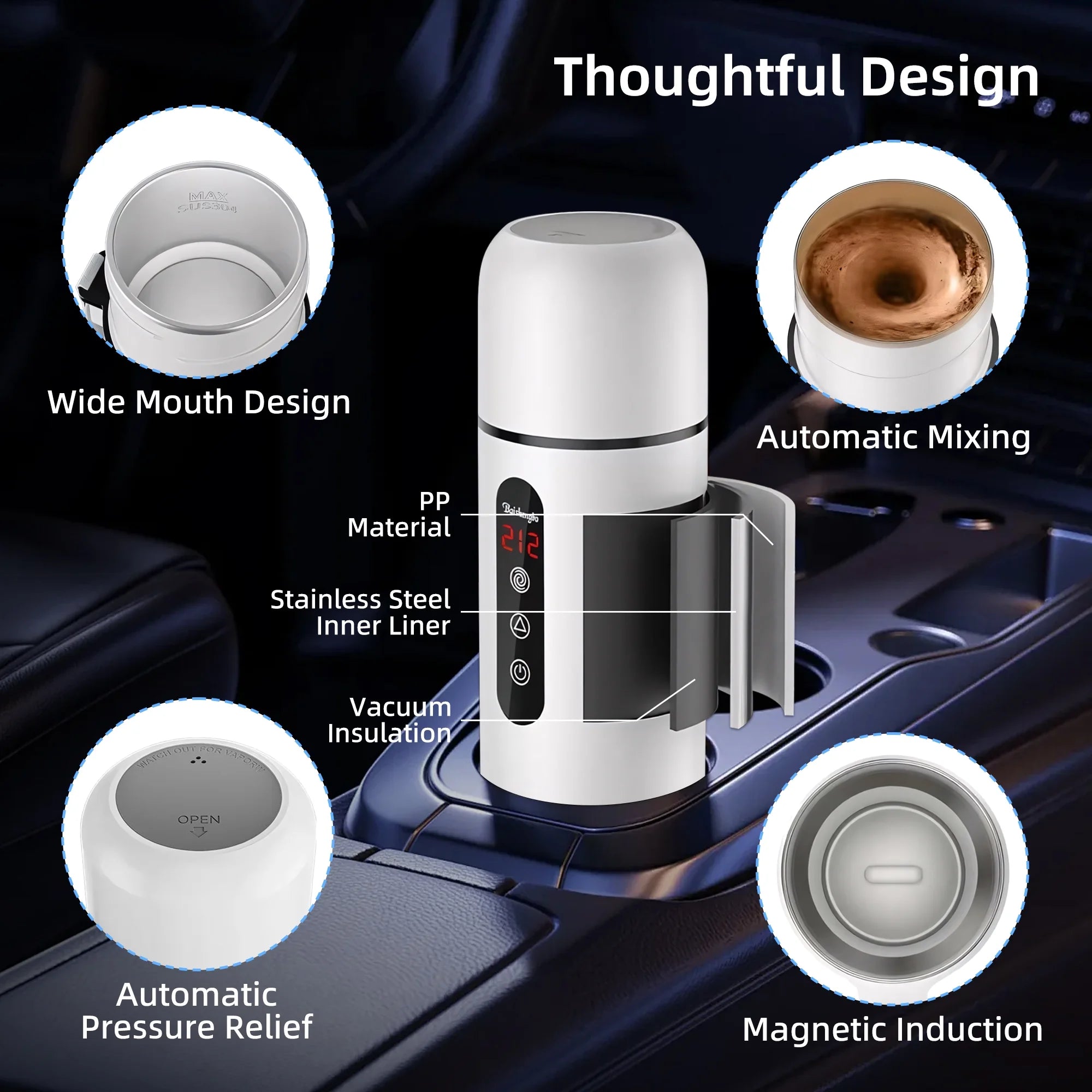 Car Kettle, 12V/24V Portable Travel Electric Kettle for Car Heated Travel Mug, Temperature Adjustable Mini Water Boiler for Tea Coffee Milk, 420ML