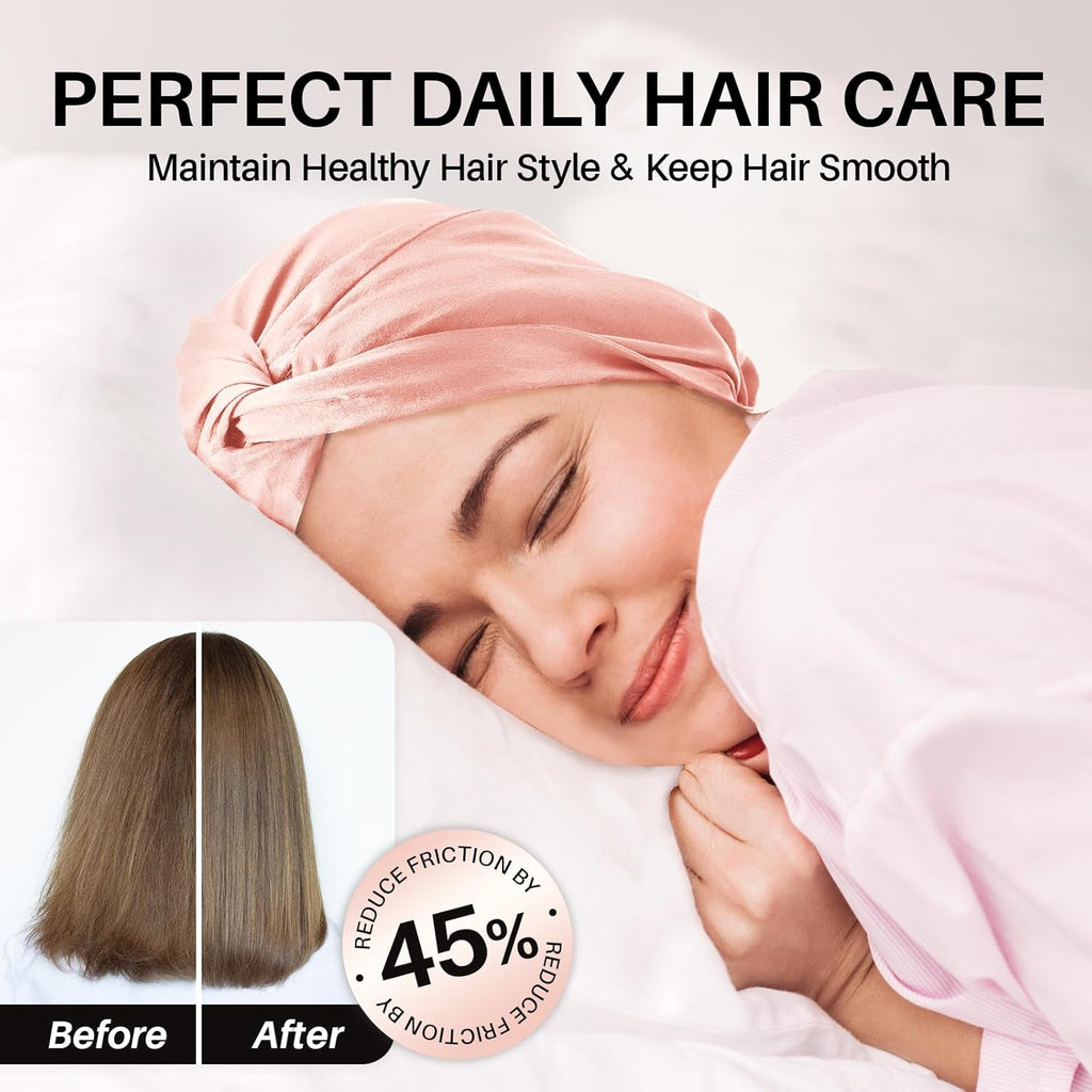 100% Mulberry Silk-Bonnet for Sleeping Women/Men for Curly/Thin/Short/Medium/Braids Hair, Real Silk Wrap Bonnet for Sleeping, Silk Sleep Night Cap for Hair Care, Light Pink